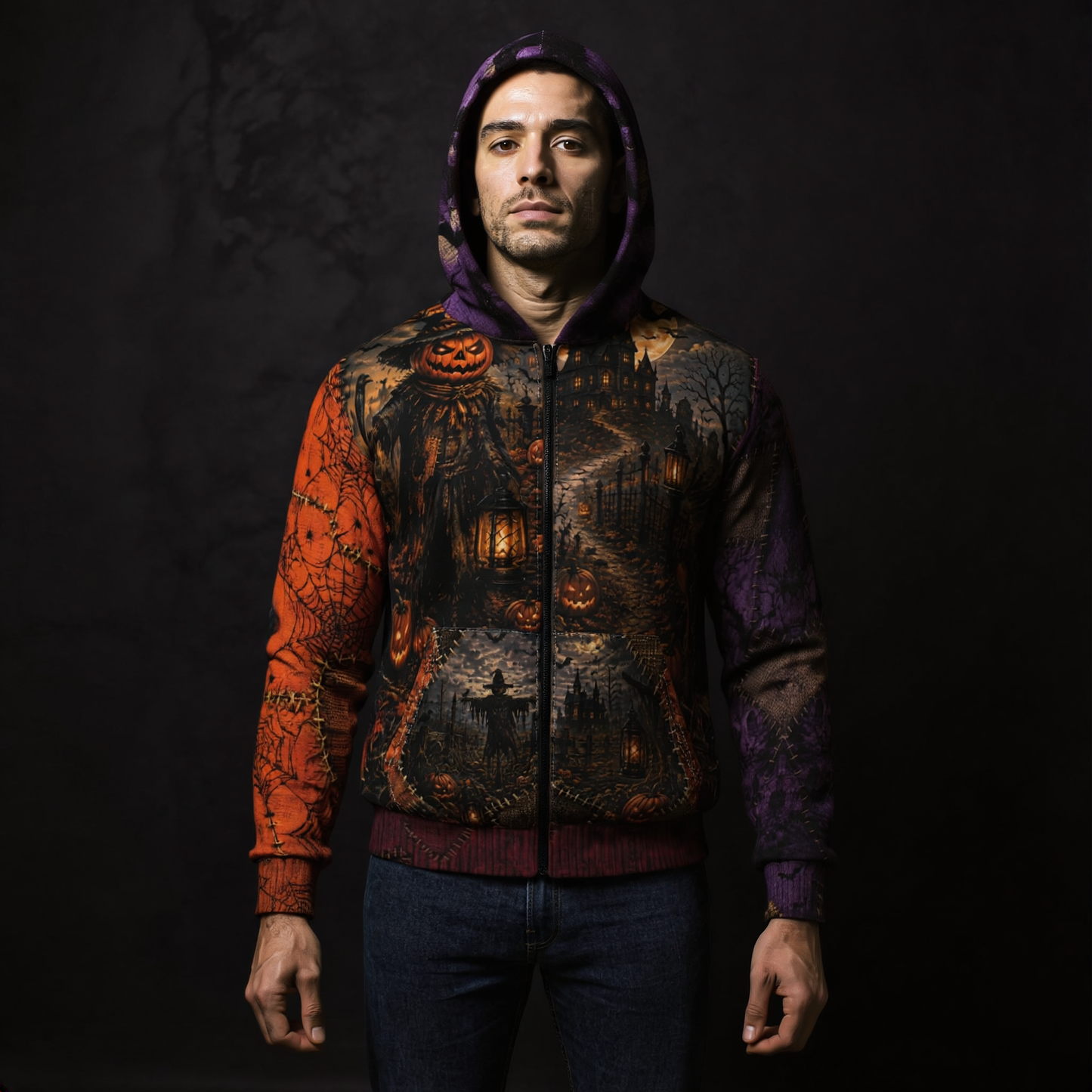 Gothic Halloween Zip Hoodie: Scarecrow Patchwork All Over Print, Unisex XS 2XL