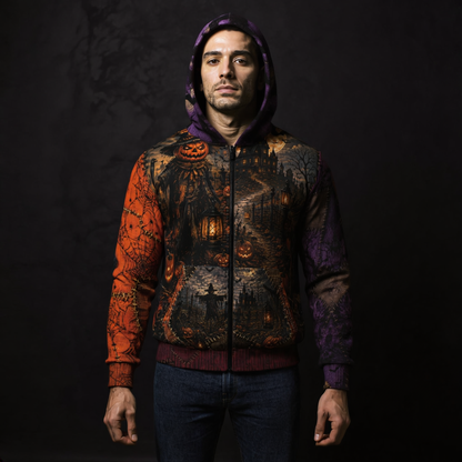 Gothic Halloween Zip Hoodie: Scarecrow Patchwork All Over Print, Unisex XS 2XL