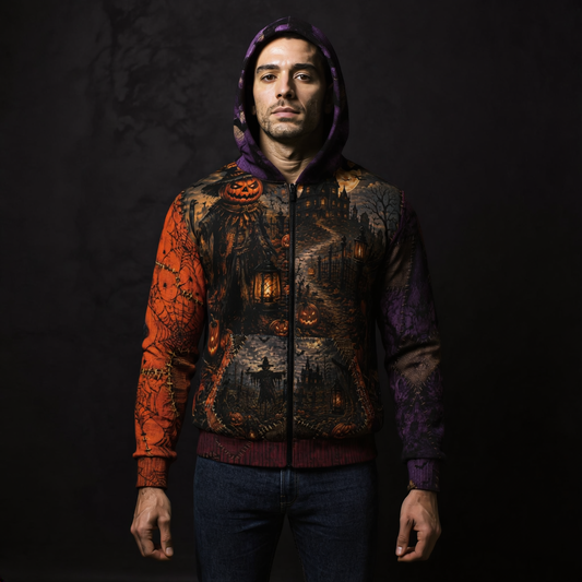 Gothic Halloween Zip Hoodie: Scarecrow Patchwork All Over Print, Unisex XS 2XL