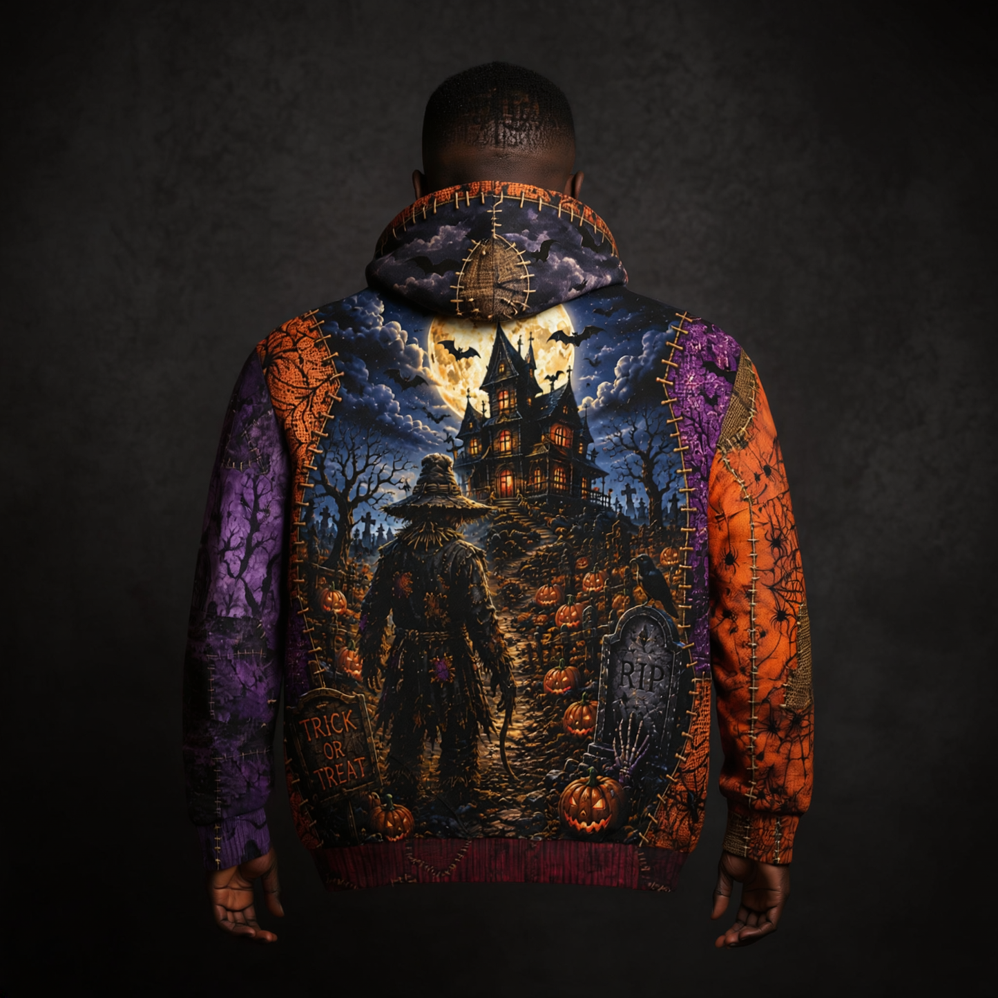 Gothic Halloween Zip Hoodie: Scarecrow Patchwork All Over Print, Unisex XS 2XL