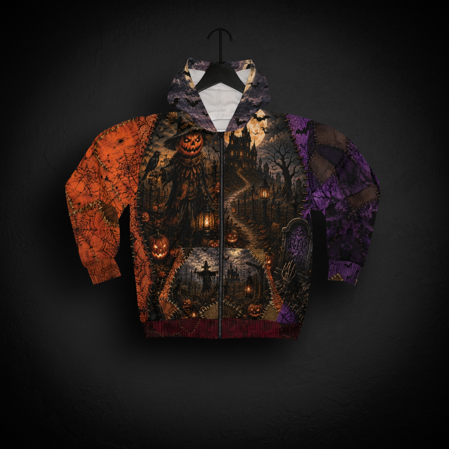 Gothic Halloween Zip Hoodie: Scarecrow Patchwork All Over Print, Unisex XS 2XL