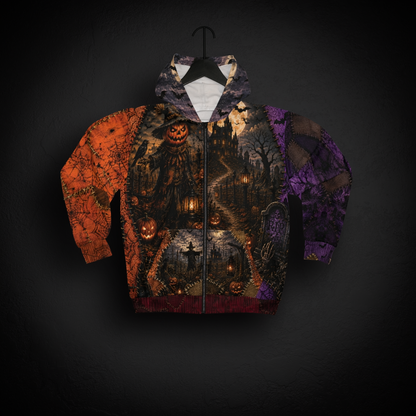 Gothic Halloween Zip Hoodie: Scarecrow Patchwork All Over Print, Unisex XS 2XL