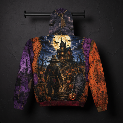 Gothic Halloween Zip Hoodie: Scarecrow Patchwork All Over Print, Unisex XS 2XL