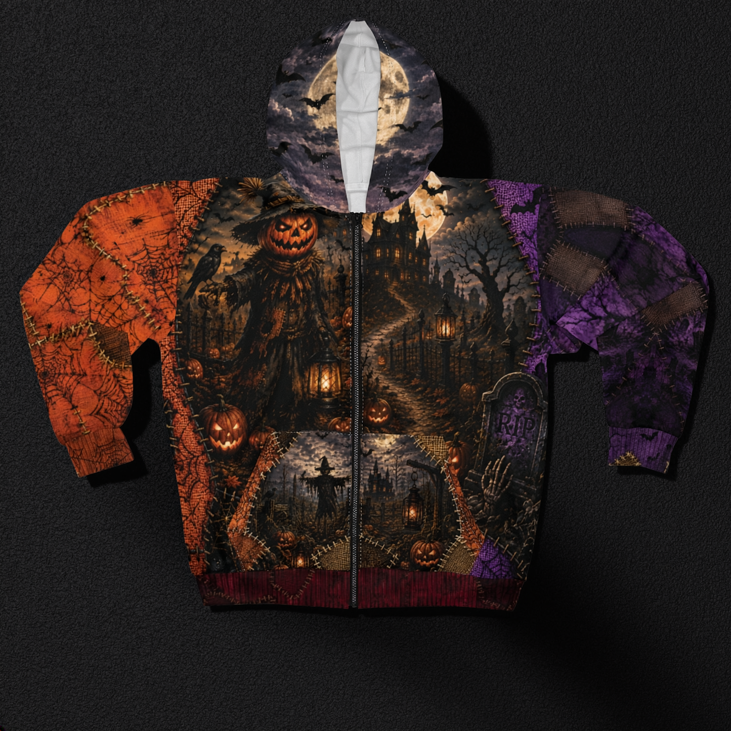 Gothic Halloween Zip Hoodie: Scarecrow Patchwork All Over Print, Unisex XS 2XL