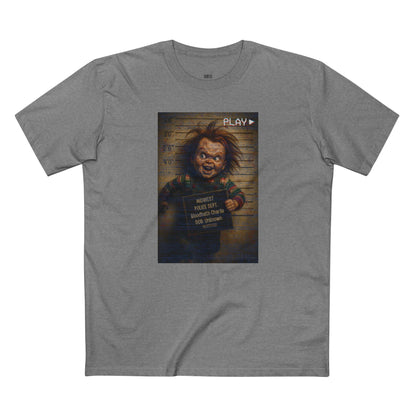 Creepy Killer Doll Mugshot T-Shirt – Halloween Horror Tee, Boutique DTG Print, Premium Cotton Tee, 90s VHS Aesthetic