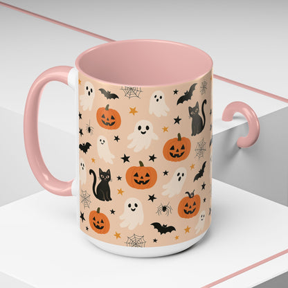 Halloween Color Accent Mug – Ghosts, Pumpkins & Black Cats, Fall Coffee Cup (11oz & 15oz) – Boutique Spooky Season Drinkware