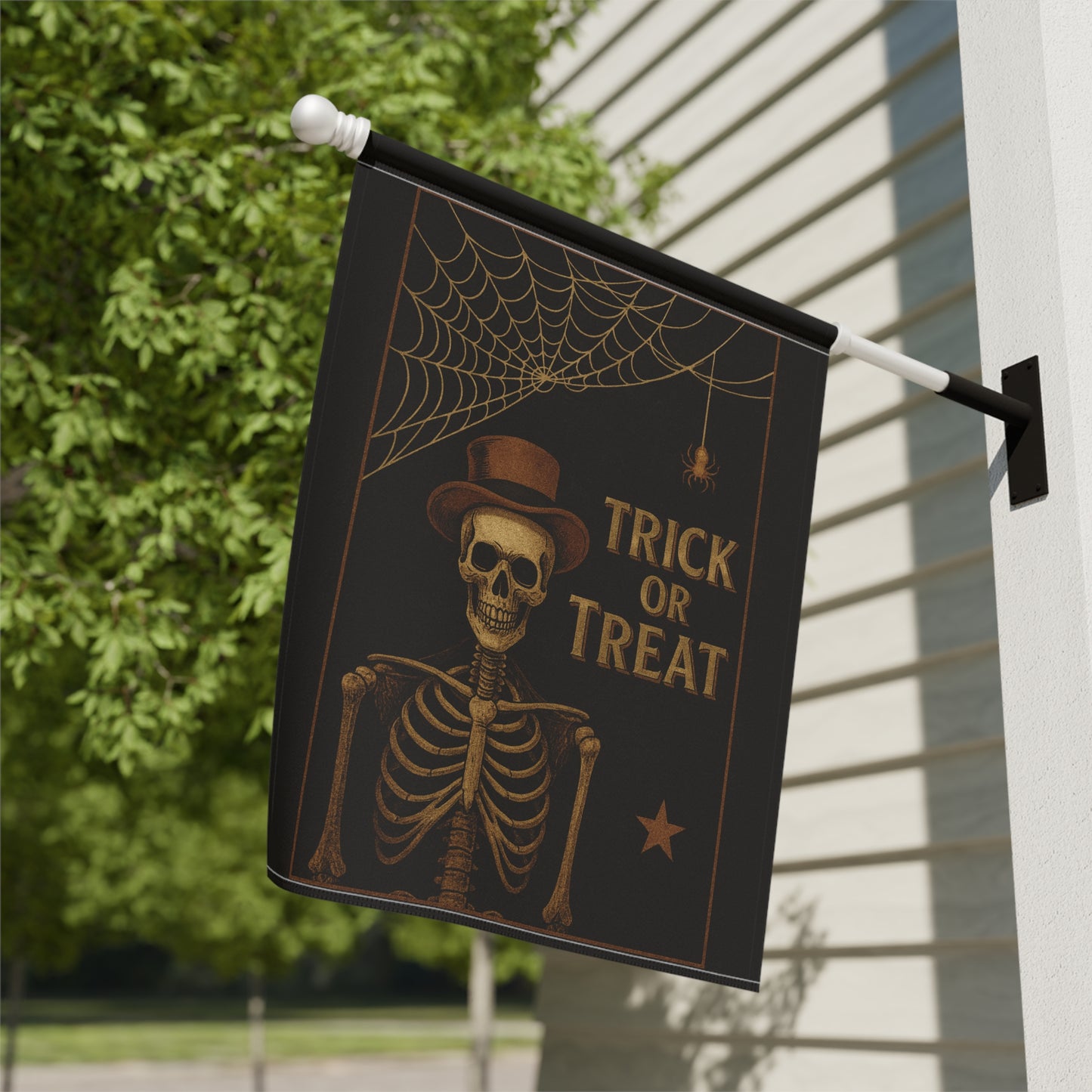 Trick or Treat Garden Flag – Skeleton in Top Hat with Spiderweb | Vintage Halloween Outdoor Banner