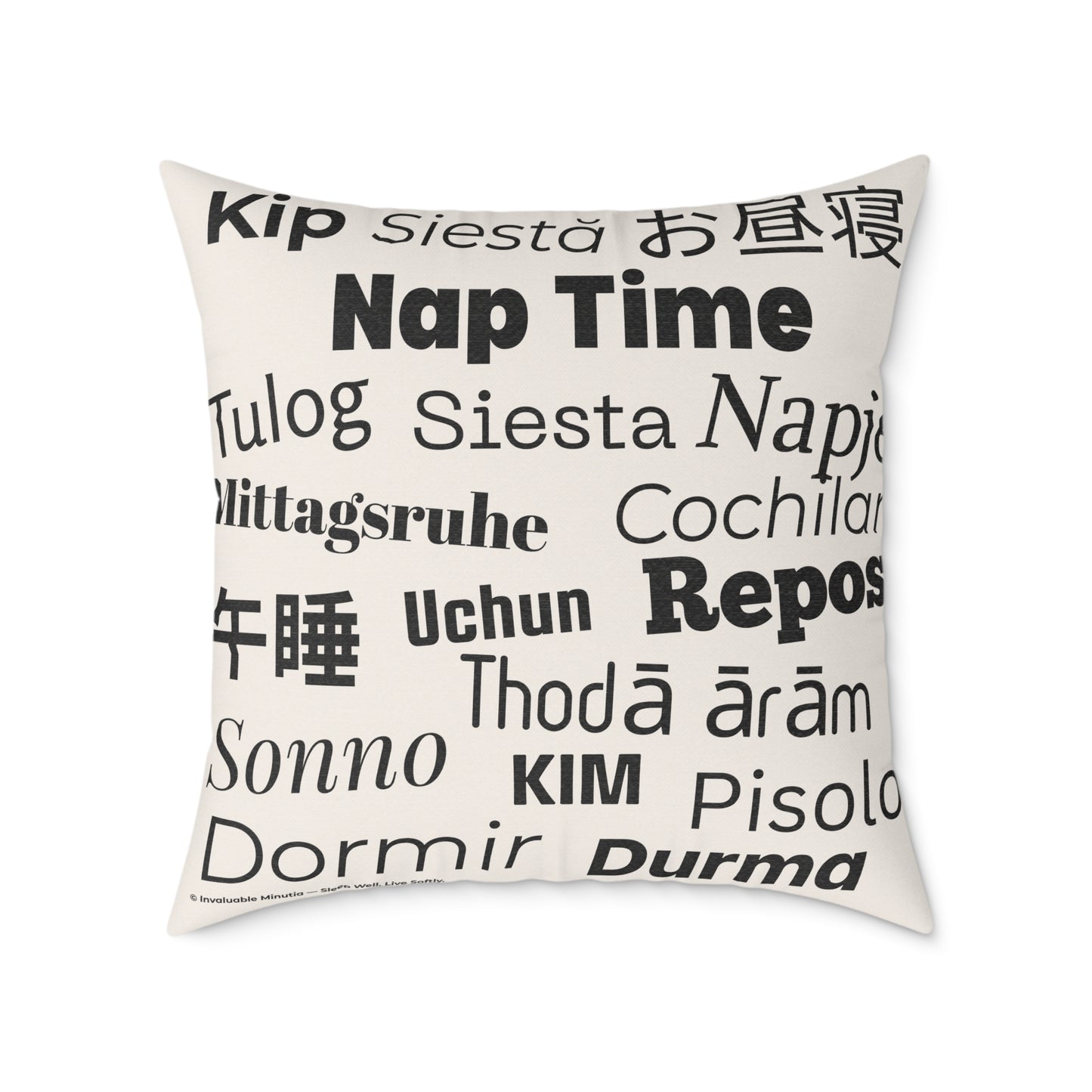 Nap Time (Multilingual) Poly Canvas Throw Pillow — Universal Language: Rest. | Premium Neutral Decorative Cushion