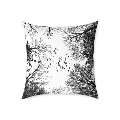 Look Up – Birds in Flight Tree Tops Silhouette Throw Pillow for Dreamers & Forestcore Souls - Canvas Throw Pillow Decor