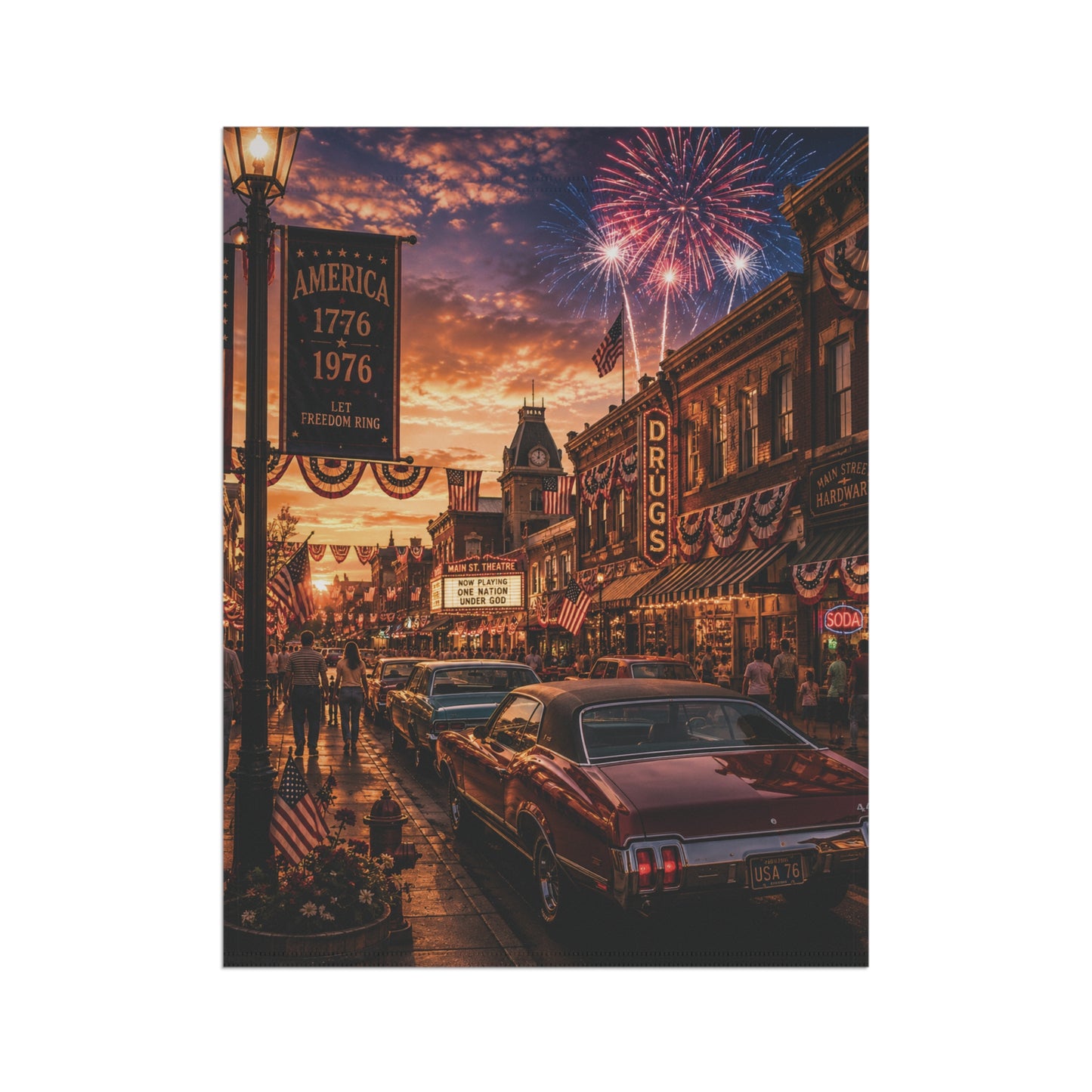 Vintage Retro Main Street Fourth of July Garden Banner or House Flag Patriotic 1776 1976