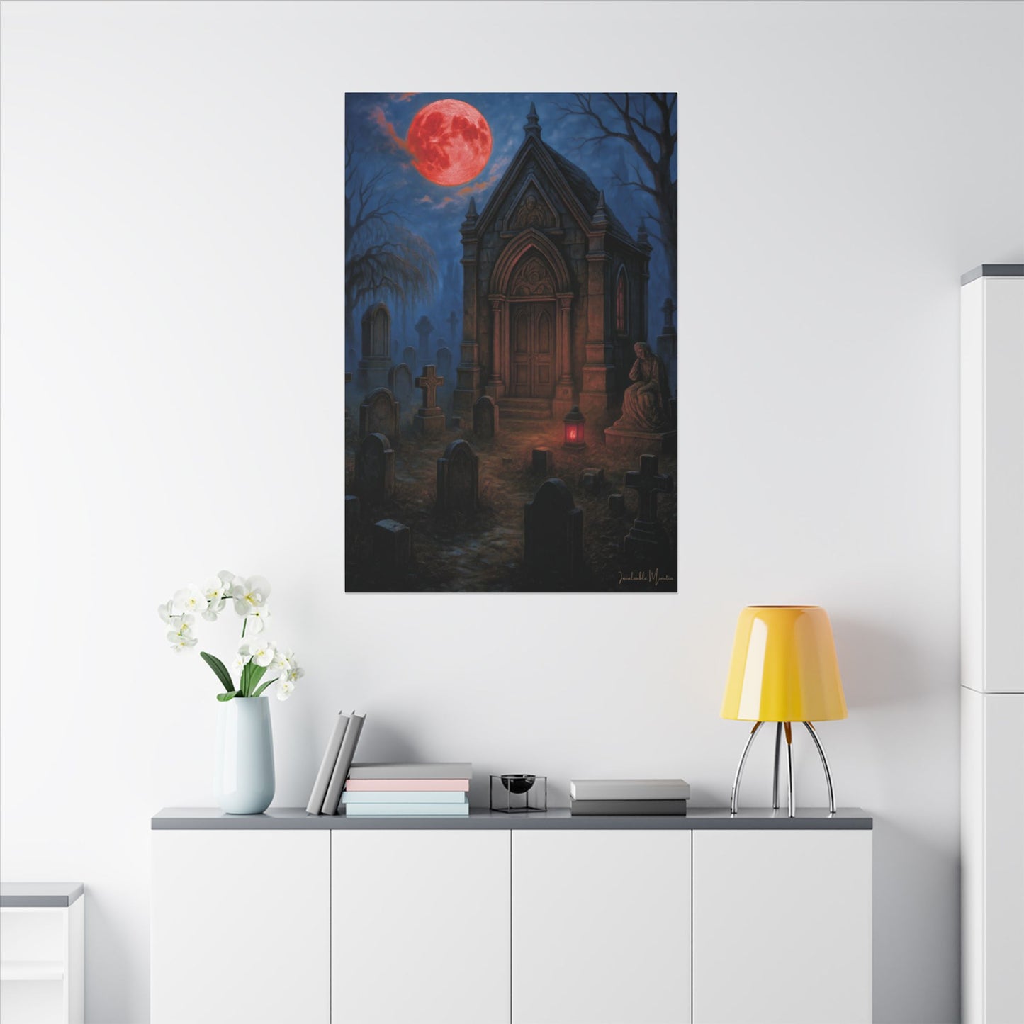 "Blood Moon Mausoleum" – Gothic Graveyard Fine Art Matte Canvas Print (Vertical)