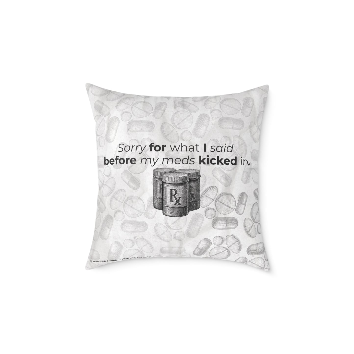 Before My Meds Kicked In — Poly Canvas Throw Pillow | Vintage Pharmacy Pattern, Dosage Back Print