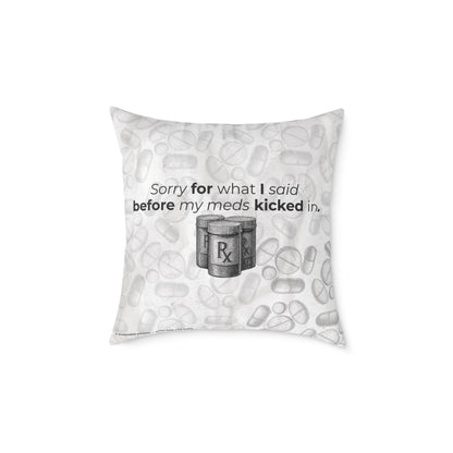 Before My Meds Kicked In — Poly Canvas Throw Pillow | Vintage Pharmacy Pattern, Dosage Back Print