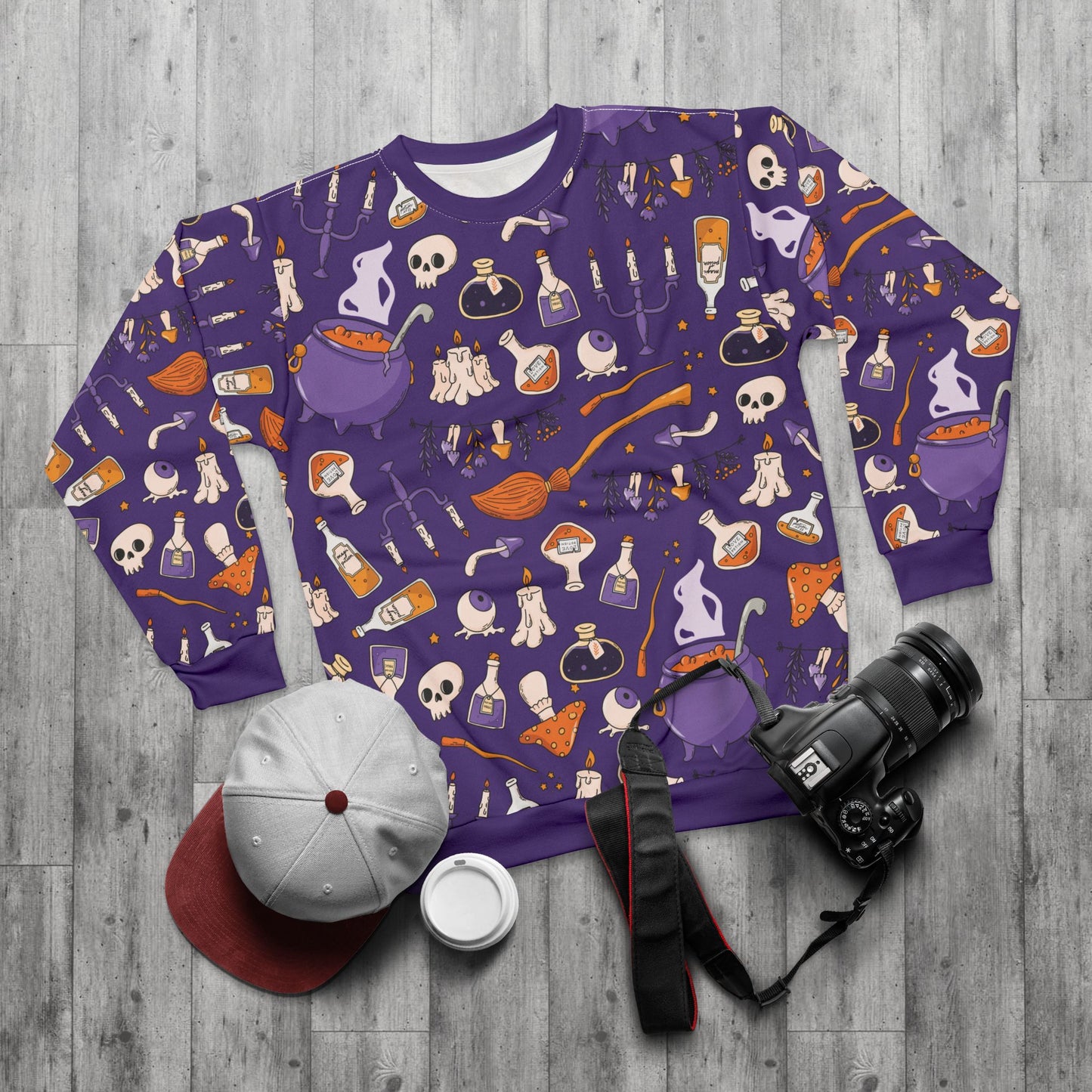 Witchy Potions AOP Unisex Sweatshirt – Spooky Season Purple | Cozy Fall Crewneck | Free Worldwide Shipping
