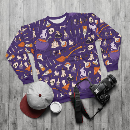 Witchy Potions AOP Unisex Sweatshirt – Spooky Season Purple | Cozy Fall Crewneck | Free Worldwide Shipping