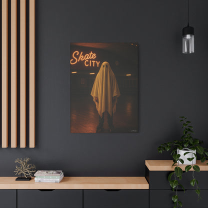 Ghost at the Roller Rink Canvas Wall Art – Retro 80s Nostalgic Halloween Decor