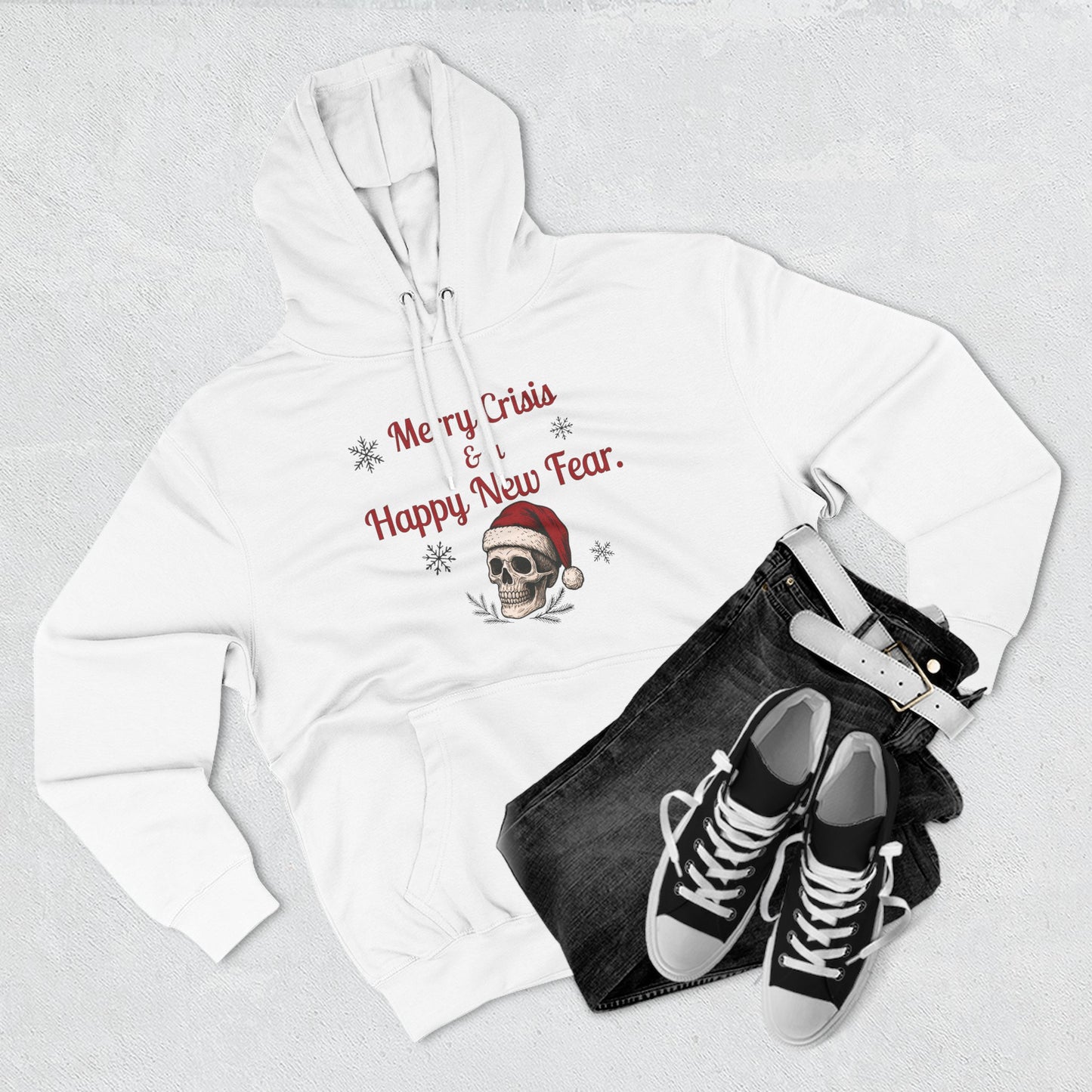Merry Crisis & a Happy New Fear Hoodie — Gothic Christmas Skull, Premium Lane Seven Fleece (S–2XL)