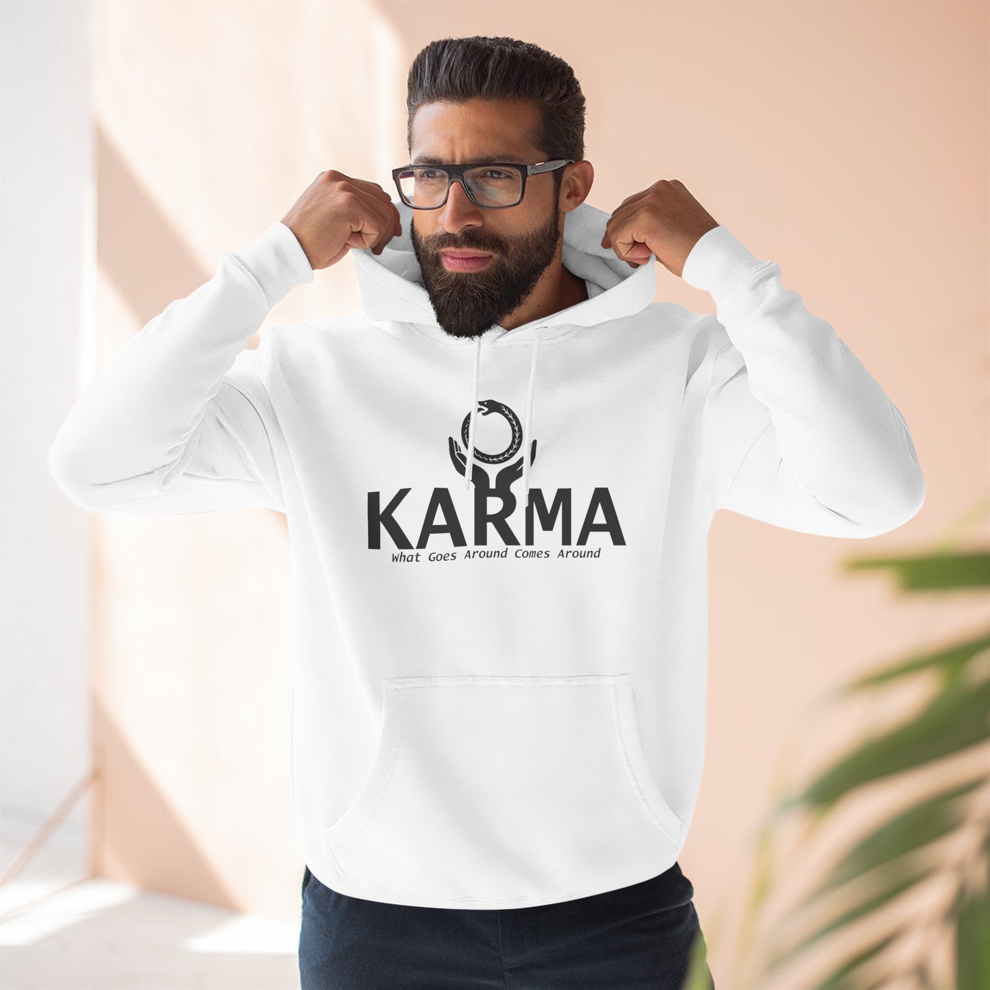 Karma Hoodie — “What Goes Around Comes Around” Minimalist Spiritual Quote Hoodie (Lane Seven Premium Fleece)