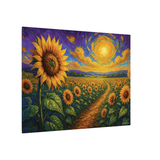 Sunflower Field Canvas Wall Art – Vibrant Golden Blooms, Van Gogh Inspired Sky, Horizontal Landscape Print