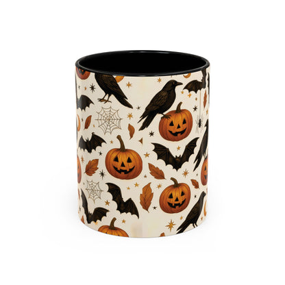 Halloween Raven & Pumpkin Color Accent Mug – Gothic Crow, Bats & Jack-o’-Lantern Coffee Cup (11oz & 15oz) – Spooky Autumn Drinkware