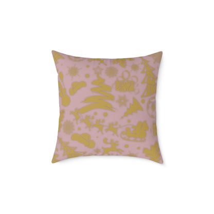 Blush Pink & Gold Gift Box Throw Pillow – Holiday Icon Pattern Canvas Cushion