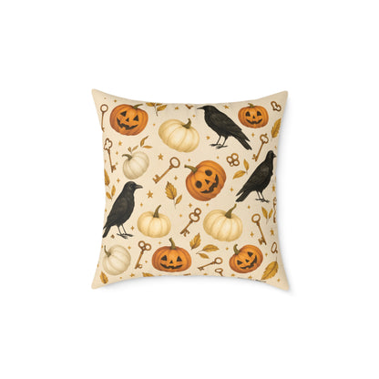 Boutique Halloween Throw Pillow – Crow & Pumpkin Pattern (Reversible Dot Back, Colorway™ Poly Canvas)