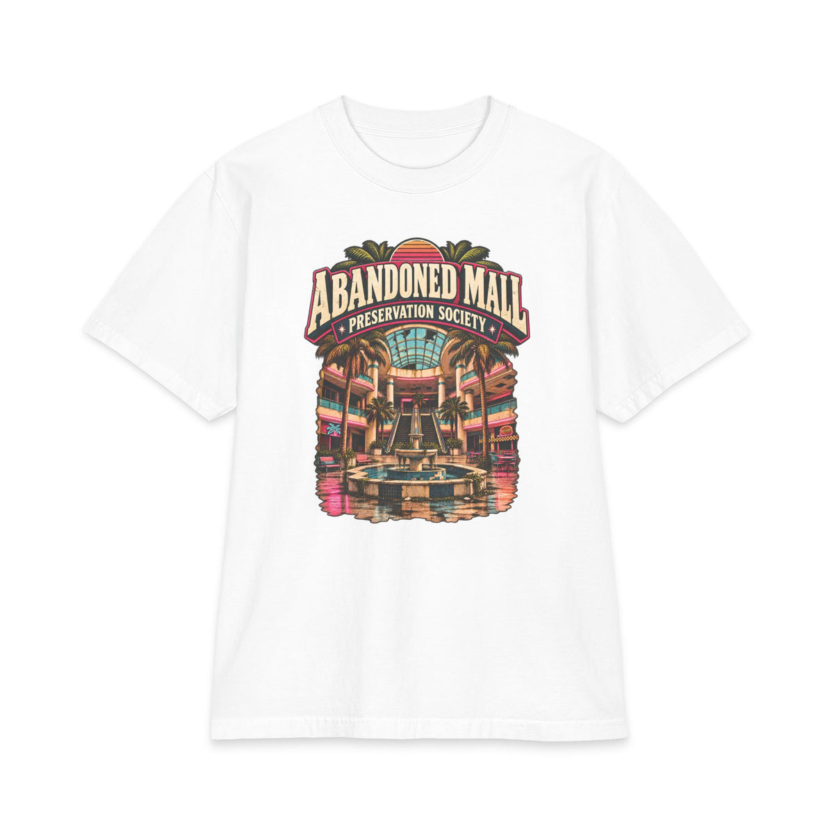 White Shaka Wear heavyweight T-shirt with Abandoned Mall Preservation Society abandoned mall artwork.