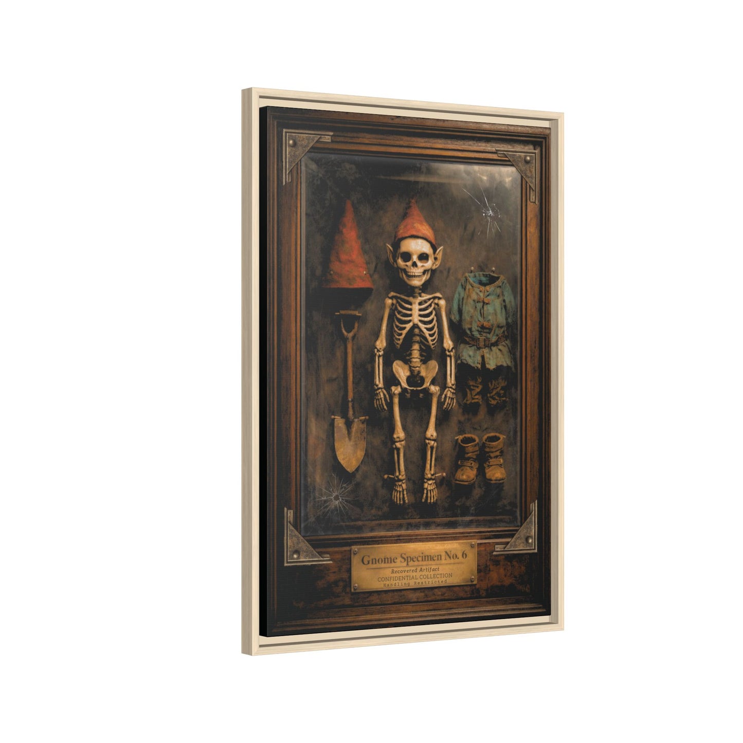 Gnome Specimen No. 6 Framed Canvas Print – Dark Curiosity Cabinet Wall Art, Gothic Skeleton Gnome Decor