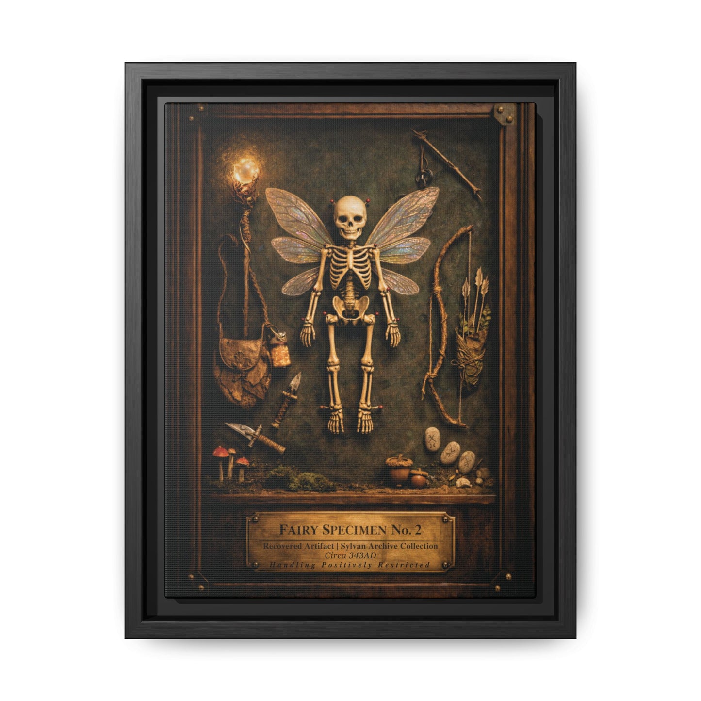 Fairy Specimen No. 2 Framed Canvas Print – Skeletal Fairy Wall Art, Dark Curiosity Cabinet Decor