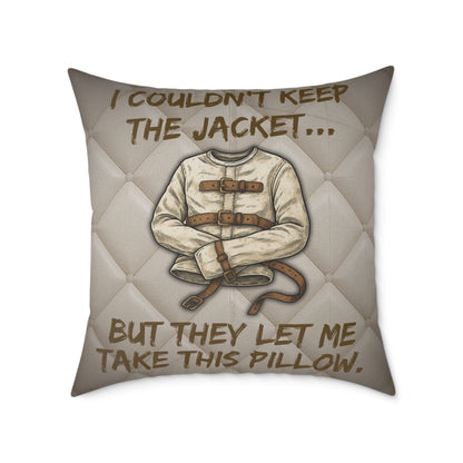 Asylum Humor Poly Canvas Throw Pillow — “I Couldn’t Keep the Jacket…” | Patient No. 4815 Back Print