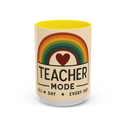 Teacher Mode – Color Accent Mug (11oz/15oz) • Rainbow Heart • Teacher Gift • Dishwasher & Microwave Safe
