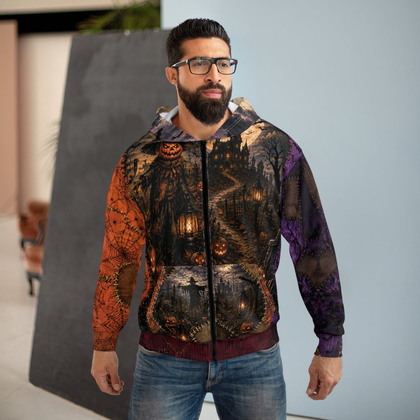 Gothic Halloween Zip Hoodie: Scarecrow Patchwork All Over Print, Unisex XS 2XL