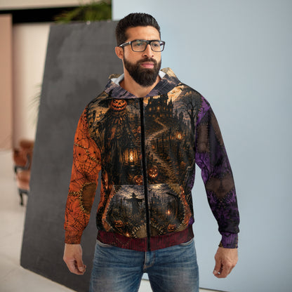 Gothic Halloween Zip Hoodie: Scarecrow Patchwork All Over Print, Unisex XS 2XL