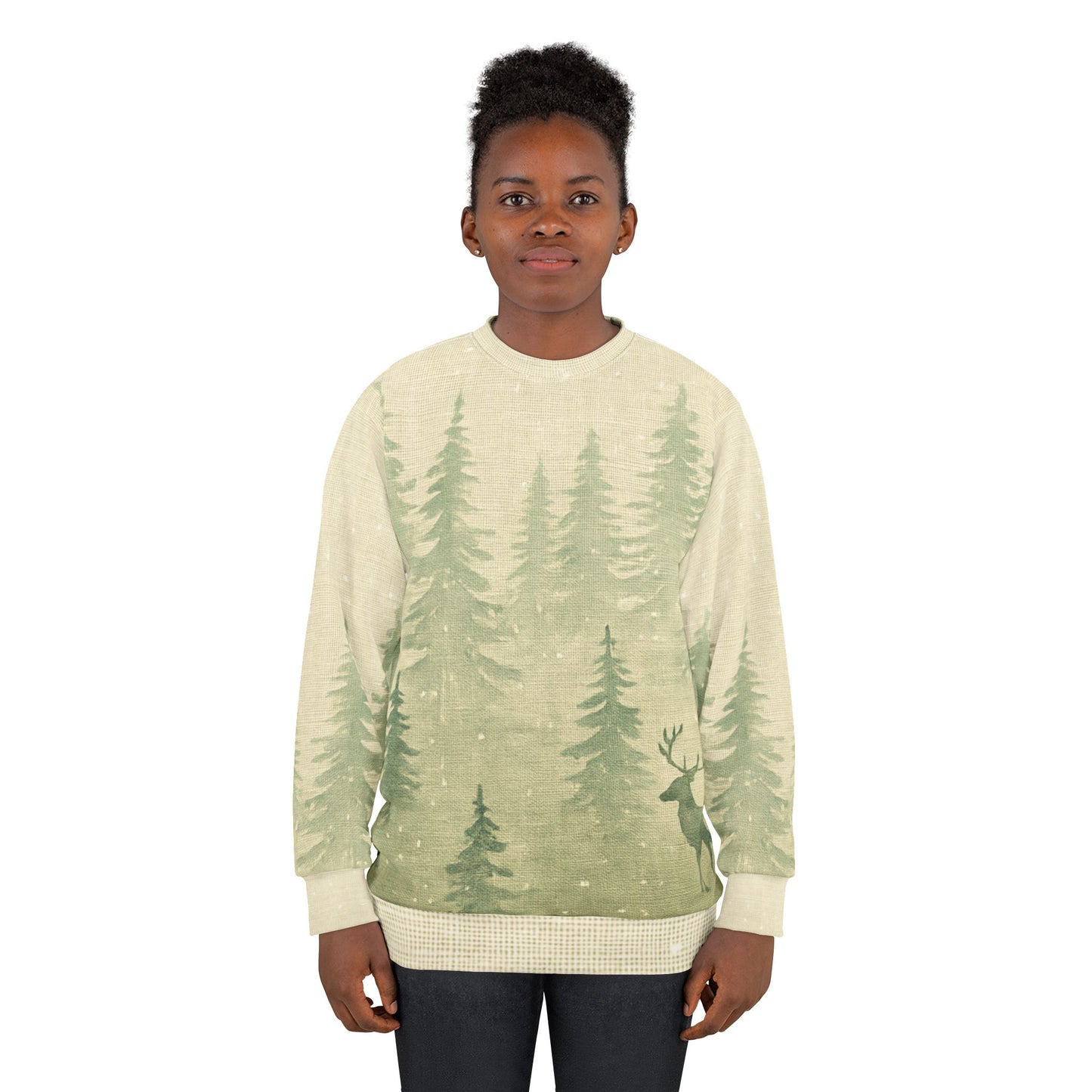 Nordic Woodlands All-Over Print Sweatshirt — Minimalist Winter Forest Scene (MMW Premium AOP Fleece)