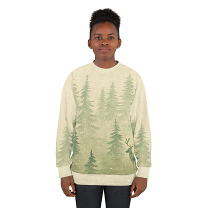 Nordic Woodlands All-Over Print Sweatshirt — Minimalist Winter Forest Scene (MMW Premium AOP Fleece)
