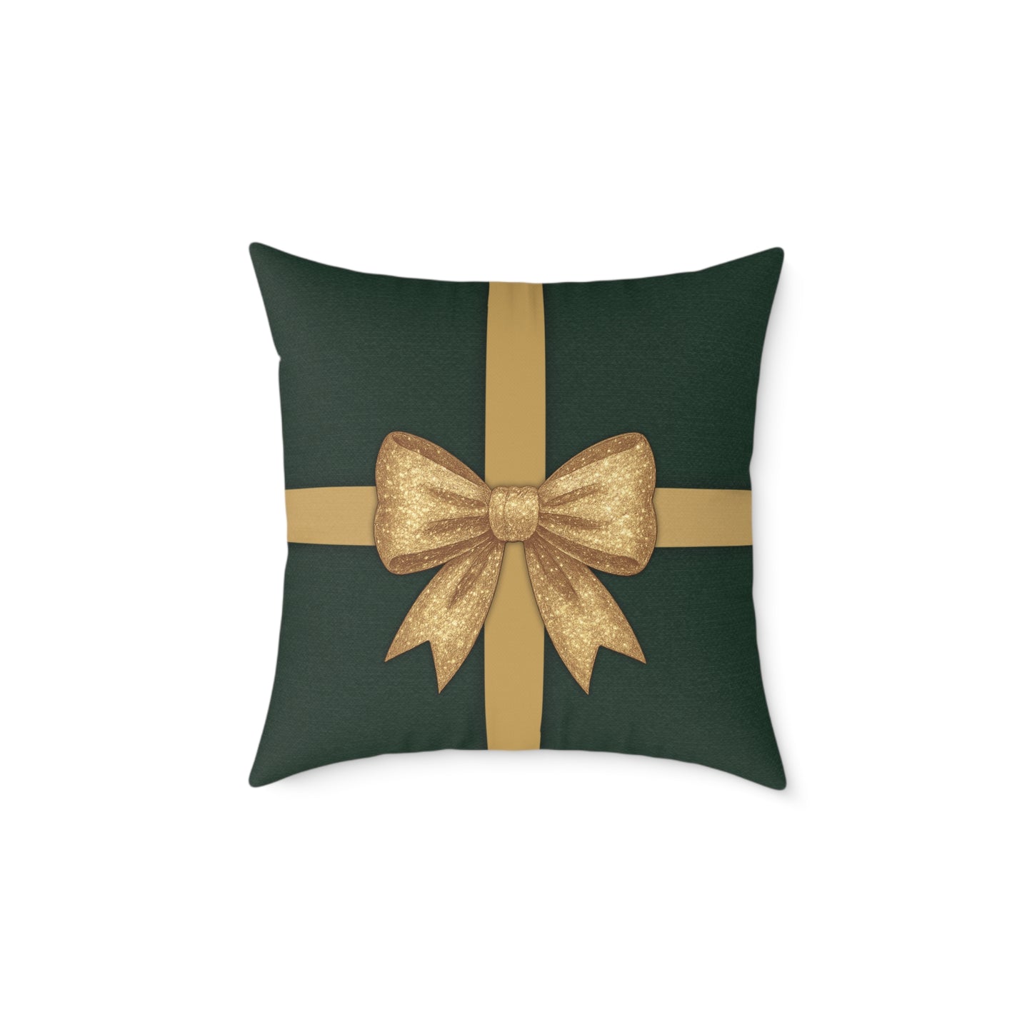 Emerald Gift Box Throw Pillow – Green & Gold Present with Pine Tree Pattern Back