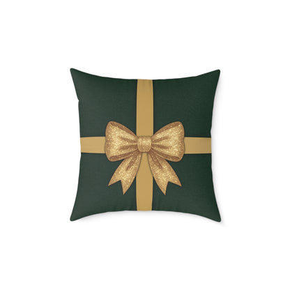 Emerald Gift Box Throw Pillow – Green & Gold Present with Pine Tree Pattern Back