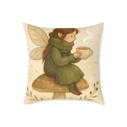 Cozy Winter Fairy Throw Pillow – Tea on a Toadstool & Lantern Fairy Canvas Cushion
