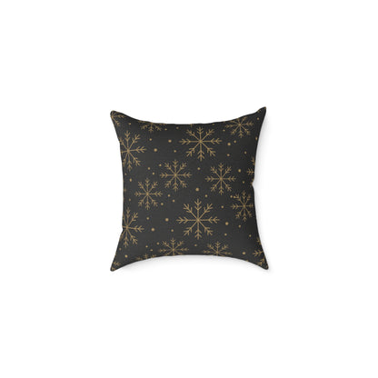 Black & Gold Gift Box Throw Pillow – Charcoal Present & Snowflake Canvas Cushion