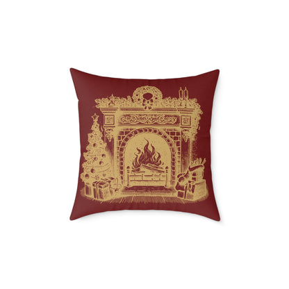 Vintage Fireplace Christmas Throw Pillow – Red & Gold Mantel with Candy Cane Pattern Back