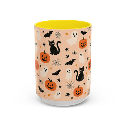 Halloween Color Accent Mug – Ghosts, Pumpkins & Black Cats, Fall Coffee Cup (11oz & 15oz) – Boutique Spooky Season Drinkware