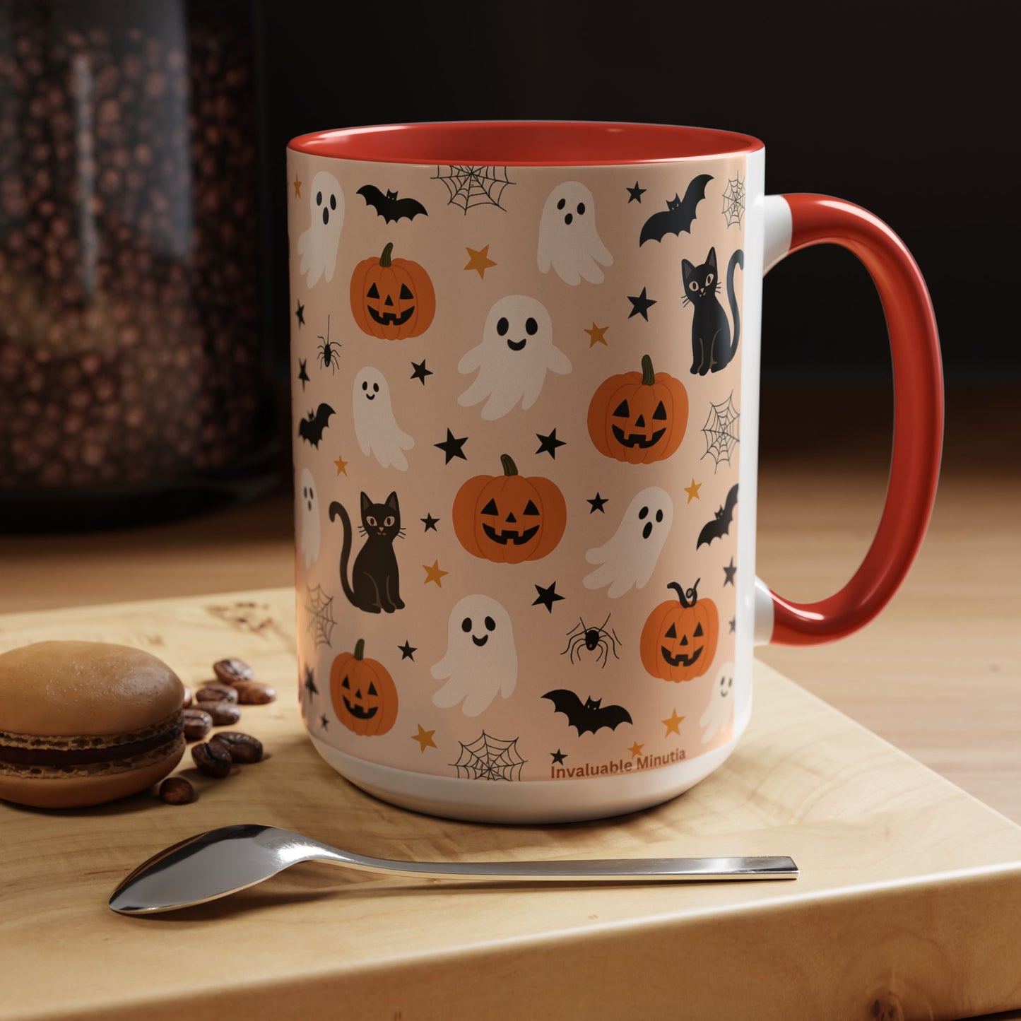 Halloween Color Accent Mug – Ghosts, Pumpkins & Black Cats, Fall Coffee Cup (11oz & 15oz) – Boutique Spooky Season Drinkware