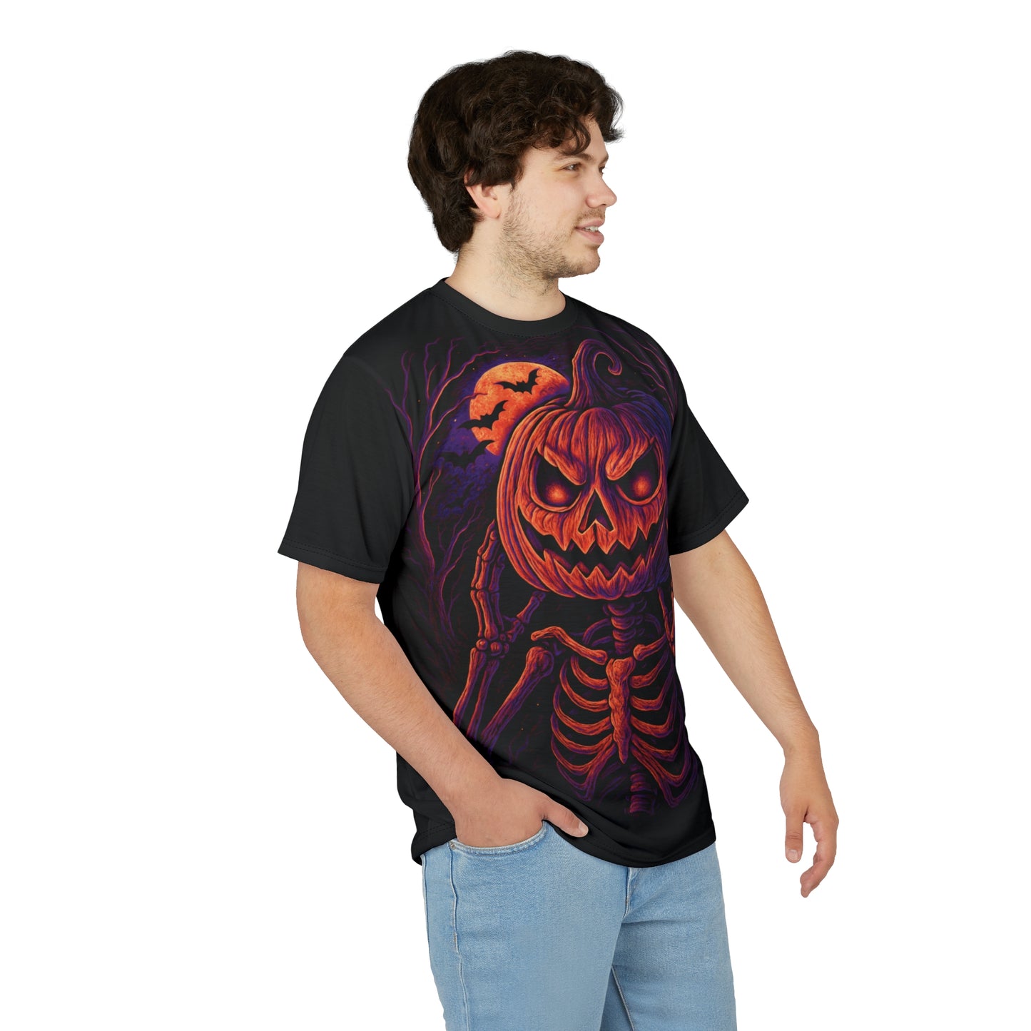 Skeleton Pumpkin Head AOP Halloween T-Shirt – Neon Spooky Jack-o’-Lantern Extra Large Print Tee (All-Over Print)