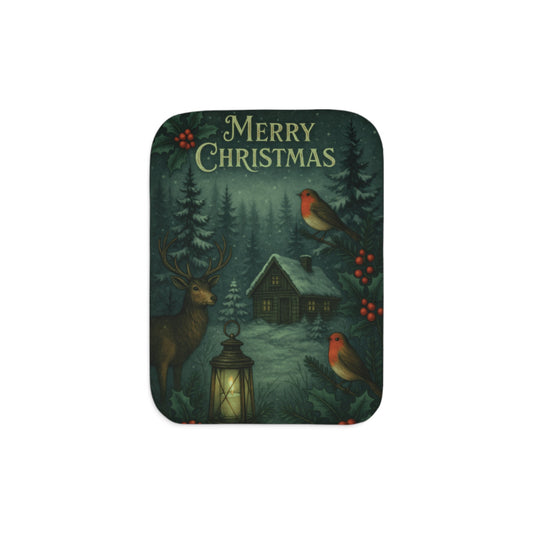 Winter Cottagecore Sherpa Blanket – Cozy Cabin, Robins & Lantern