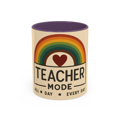Teacher Mode – Color Accent Mug (11oz/15oz) • Rainbow Heart • Teacher Gift • Dishwasher & Microwave Safe