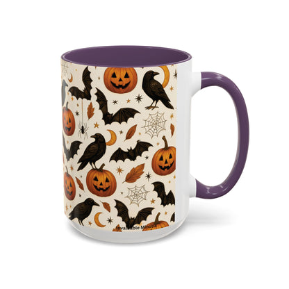 Halloween Raven & Pumpkin Color Accent Mug – Gothic Crow, Bats & Jack-o’-Lantern Coffee Cup (11oz & 15oz) – Spooky Autumn Drinkware
