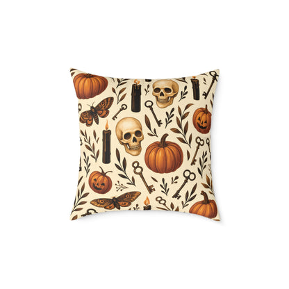 Gothic Halloween Throw Pillow – Colorway Poly Canvas – Reversible Plaid – Skulls, Moths & Black Candles – Premium Fall Decor