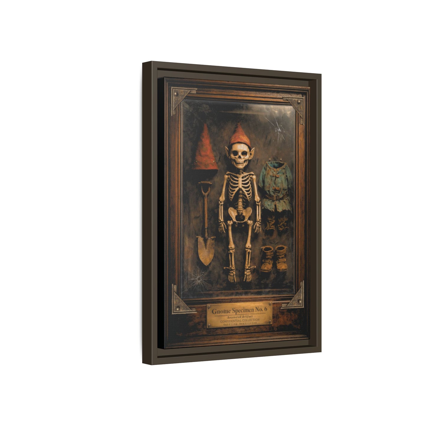 Gnome Specimen No. 6 Framed Canvas Print – Dark Curiosity Cabinet Wall Art, Gothic Skeleton Gnome Decor
