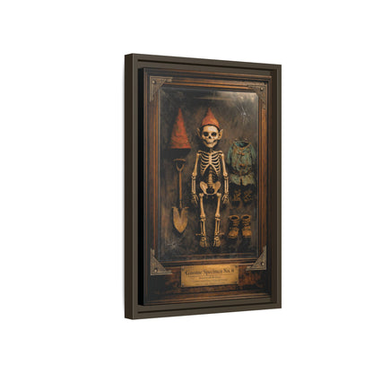 Gnome Specimen No. 6 Framed Canvas Print – Dark Curiosity Cabinet Wall Art, Gothic Skeleton Gnome Decor
