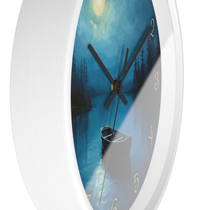Moonlit Lake Wall Clock – Serene Night Boat Scene 10" Decor